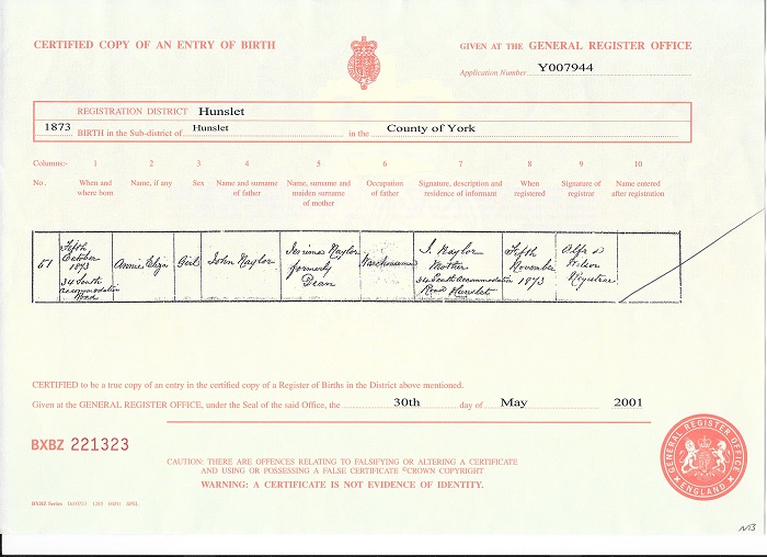 Annie Naylor Birth Certificate