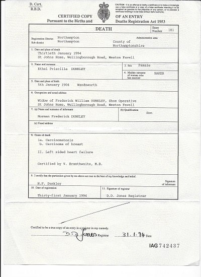 Death Certificate Ethel Priscilla Dunkley
