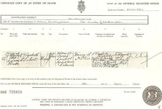 Elizabeth Lambert Death Certificate