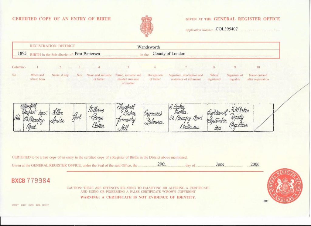 Ellen Louisa Hill Birth Certificate