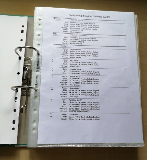 Family Group Sheet - George Baker 1778-1874