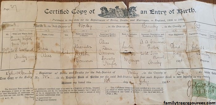 Grace Alice Cameron Birth Certificate 28 June 1908