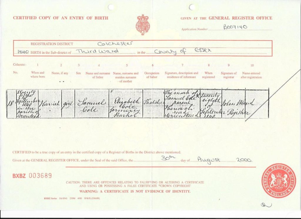 Harriett Cole Birth Certificate