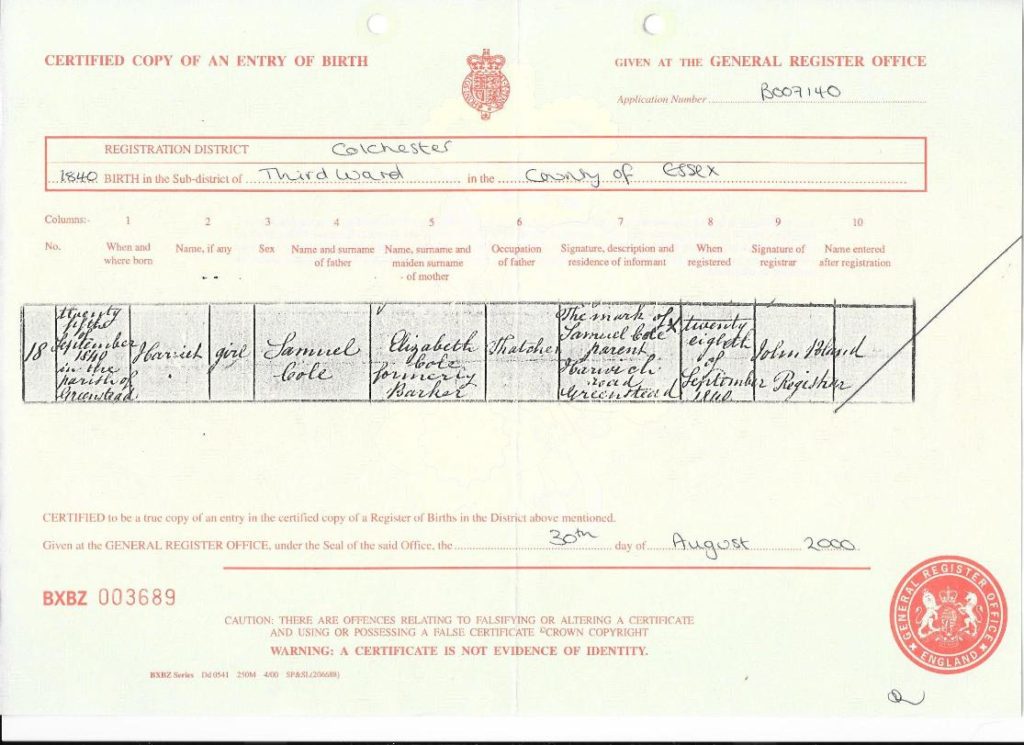 Harriett Cole birth certificate