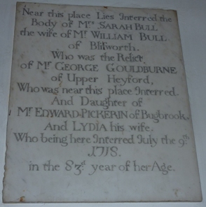 Sarah Bull Memorial Inscription (St Peter and St Paul, Nether Heyford, Northamptonshire)