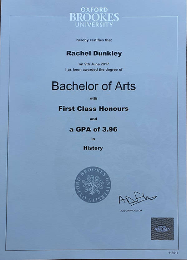 Certificate - First Class Honours in History (Oxford Brookes University)