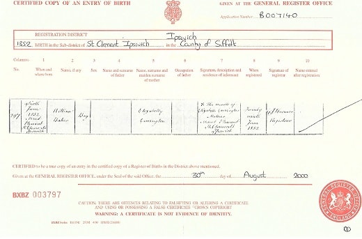 William Baker Carrington birth certificate